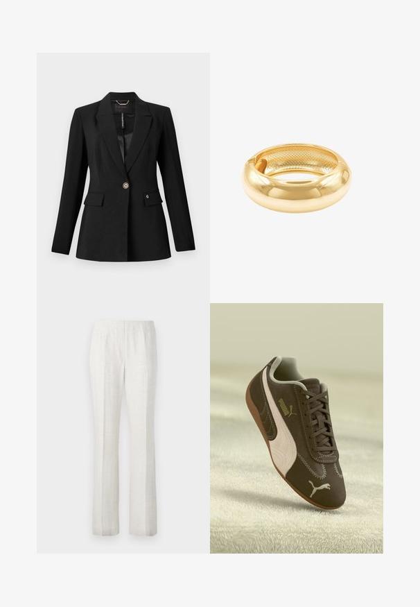 Sorte blazer lavet af tekstureret stof, med en enkelt knaplukning, to frontlommer og satinfôr. Bemærkelsesværdig logo accent på lommen.; Hvid bomulds t-shirt med et centralt stjernedesign lavet af rhinsten, korte ærmer og rund halsudskæring. Blød tekstur, afslappet pasform.; Lysfarvede, lige ben-bukser med en glat tekstur, der har for-pleats og et enkelt talje-design.; Brune Puma sneakers med beige stribe og logo, snøret, hvilende på en struktureret beige overflade.; Guldtonet bangle med en glat yderside og tekstureret inderside. Udstyret med et bredt, afrundet design med en åben udskæring på den ene side.