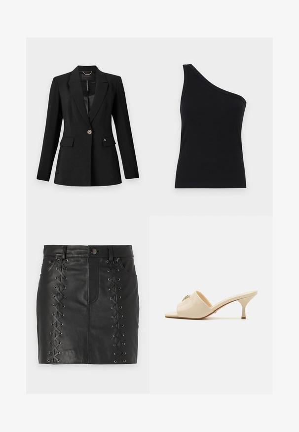Čierny blejzer z textúrovaného materiálu s jedným gombíkom, dvoma prednými vreckami a saténovou podšívkou. Pozoruhodný logový akcent na vrecku.; Čierny rebrovaný top na jedno rameno s priliehavým strihom a jemnou textúrou. Obsahuje čistý, minimalistický strih a hladký výstrih.; Čierna mini sukňa z kože s šnurovaním po stranách s kovovými očkami, dizajn so piatimi vreckami a priliehavý strih.; Béžové patentné kožené sandále s otvorenou špičkou a nízkym stiletto podpätkom. Obsahujú centrálny dekoračný prvok na vrchu. Hladký, lesklý povrch.
