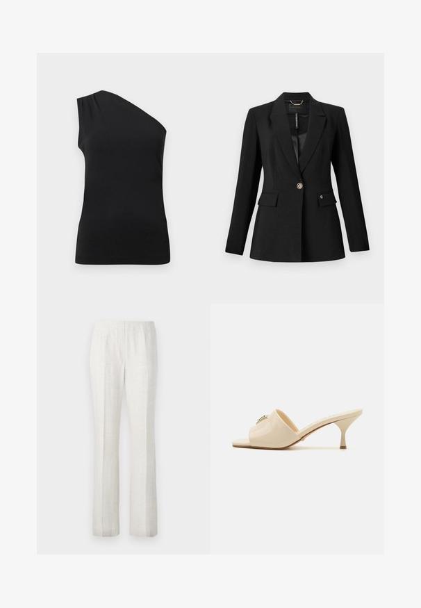 Schwarze Blazer aus strukturiertem Stoff, mit einem einzigen Knopfverschluss, zwei Fronttaschen und einem satinierten Futter. Auffälliges Logo-Detail auf der Tasche.; Schwarzes, einseitiges Top mit einem eleganten, figurbetonten Design. Aus glatter Stoffqualität mit dezenten Falten am Schulterbereich.; Helle, gerade geschnittene Hosen mit einer glatten Textur, die vordere Falten und ein sauberes Taillendesign aufweisen.; Beige Lackleder Sandale mit offener Spitze und niedrigem Stiletto-Absatz. Verfügt über ein zentrales dekoratives Element im Obermaterial. Glatte, glänzende Oberfläche.