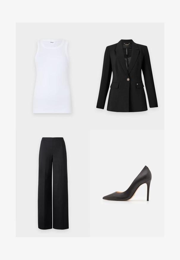 Sorte blazer lavet af tekstureret stof, med en enkelt knaplukning, to frontlommer og satinfôr. Bemærkelsesværdig logo accent på lommen.; Hvid ærmeløs tanktop lavet af ribbet bomuld. Har en rund halsudskæring og en tætsiddende silhuet. Ingen synlige mønstre eller detaljer.; Sorte brede benbukser lavet af glat stof. Har en høj talje og rene, lige linjer uden synlige lommer eller pynt.; Sort læder højhælede sko med spidse tæer og glat tekstur, der har en slank hæl og et minimalistisk design.