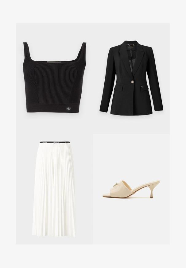 Čierny blejzer z textúrovaného materiálu s jedným gombíkom, dvoma prednými vreckami a saténovou podšívkou. Pozoruhodný logový akcent na vrecku.; Čierny rebrovaný crop top so širokými ramienkami, štvorecovým výstrihom a priliehavým strihom. Obsahuje malú logo nášivku vľavo dole.; Plisovaná biela sukňa s čiernym elastickým pásom s logom "LACOSTE". Sukňa je stredne dlhá a má mäkkú textúru.; Béžové patentné kožené sandále s otvorenou špičkou a nízkym stiletto podpätkom. Obsahujú centrálny dekoračný prvok na vrchu. Hladký, lesklý povrch.