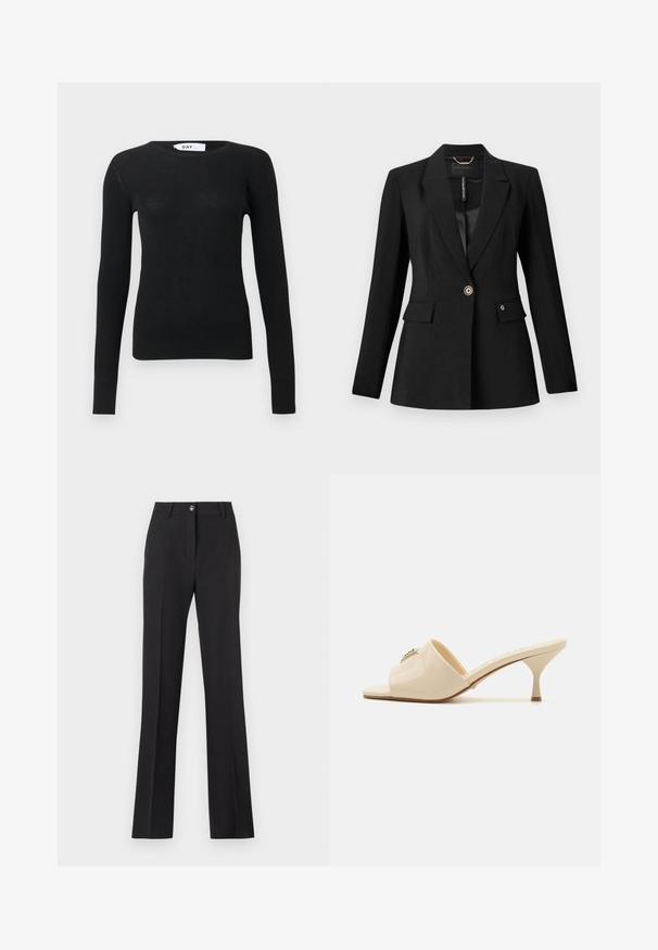 Schwarze Blazer aus strukturiertem Stoff, mit einem einzigen Knopfverschluss, zwei Fronttaschen und einem satinierten Futter. Auffälliges Logo-Detail auf der Tasche.; Schwarzer, gerippter Langarm-Pullover mit Rundhalsausschnitt, taillierter Silhouette und sichtbarem Markenetikett im Kragen.; Schwarze, maßgeschneiderte Hosen mit geradem Bein. Verfügt über einen Knopfverschluss, Gürtelschlaufen und eine glatte, matte Textur.; Beige Lackleder Sandale mit offener Spitze und niedrigem Stiletto-Absatz. Verfügt über ein zentrales dekoratives Element im Obermaterial. Glatte, glänzende Oberfläche.