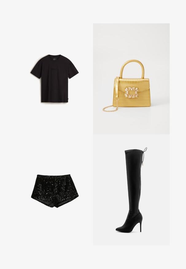 Blazer nero doppiobotte in tessuto testurizzato, con due tasche frontali e dettagli in bottoni tono oro.; Cardigan grigio lungo con un motivo a quadri neri, realizzato in un tessuto testurizzato, con scollo a V, maniche lunghe e due tasche frontali.; T-shirt nera a maniche corte in cotone con logo "vans." in rilievo sul davanti e design standard a collo rotondo.; Shorts neri in paillettes con un design sagomato e testurizzato. Il tessuto presenta paillettes lucide disposte in un motivo decorativo.; Stivali neri al di sopra del ginocchio realizzati in materiale sintetico liscio, con punta appuntita, alto tacco a stiletto e dettagli con lacci regolabili nella parte superiore.; Borsa finta coccodrillo gialla con design strutturato, manico superiore, tracolla a catena removibile e abbellimenti in cristallo decorativi sulla chiusura.
