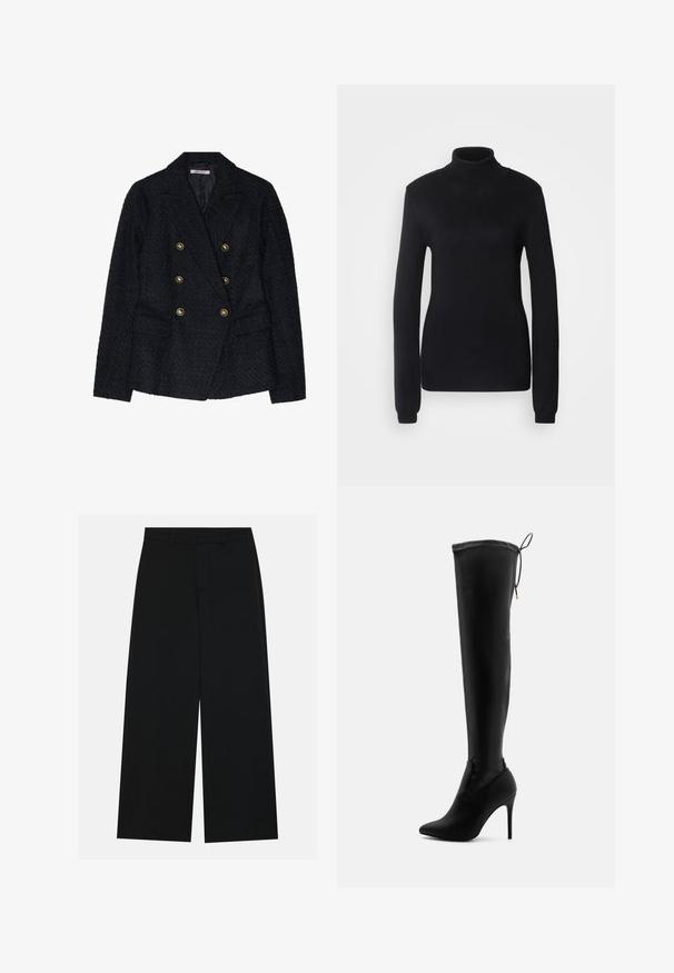 Musta kaksirivinen bleiseri, jossa on teksturoitu kangas, kahdella etutaskulla ja kultaisilla nappikoristeilla.; Musta poolneule, joka on valmistettu pehmeästä neulekankaasta. Se on pitkähihainen ja hyvin istuva, jossa on ribbollinen kaulus ja vyötärö.; Löysi mustat housut, jotka on valmistettu sileästä kankaasta. Niissä on tasainen vyötärö, jossa on vyölenkit, eikä näkyviä taskuja. Yksinkertainen muotoilu.; Musta polven ylle ulottuva saapas, joka on valmistettu sileästä synteettisestä materiaalista. Siinä on teräväkärkinen muotoilu, korkea stiletto-korko ja säätönyöriyksityiskohdat yläosassa.