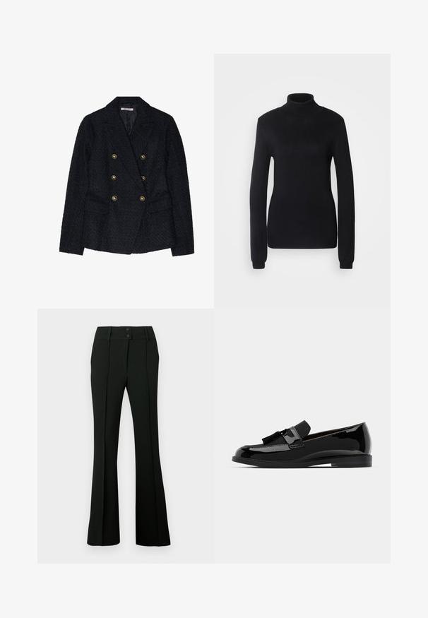 Black double-breasted blazer with a textured fabric, featuring two front pockets and gold-tone button accents.; Black turtleneck sweater made from a soft knit fabric, featuring long sleeves and a fitted silhouette with a ribbed collar and hem.; Black flared pants featuring a smooth fabric, high waistband with two buttons, and front pleats, providing a tailored appearance.; Black patent leather loafers with a flat heel, featuring a tassel accent and smooth surface, designed with a rounded toe and subtle stitching.