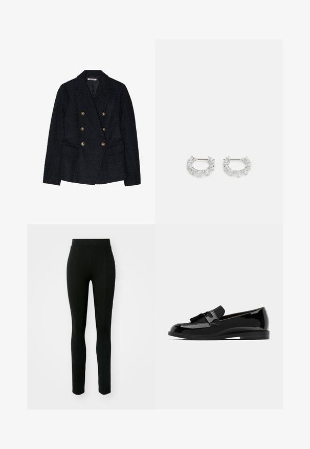 Musta kaksirivinen bleiseri, jossa on teksturoitu kangas, kahdella etutaskulla ja kultaisilla nappikoristeilla.; Musta poolneule, joka on valmistettu pehmeästä neulekankaasta. Se on pitkähihainen ja hyvin istuva, jossa on ribbollinen kaulus ja vyötärö.; Mustat legginsit, jotka on valmistettu joustavasta materiaalista. Ne ovat korkeavyötäröiset, istuvat tiukasti ja niissä on kaksi etutaskua ilman näkyviä saumoja.; Musta patentoitu nahkakengät, joissa on litteä korko, tasselikoriste ja sileä pinta, muotoiltu pyöreällä varvalla ja huomaamattomalla ompeleella.; Hopeat renkaat, joissa on läpinäkyviä suorakulmio- ja kolmiomuotoisia kiteitä, jotka on järjestetty kuvioituna. Korkealaatuiset kiinnityspisteet turvallista kiinnittämistä varten.