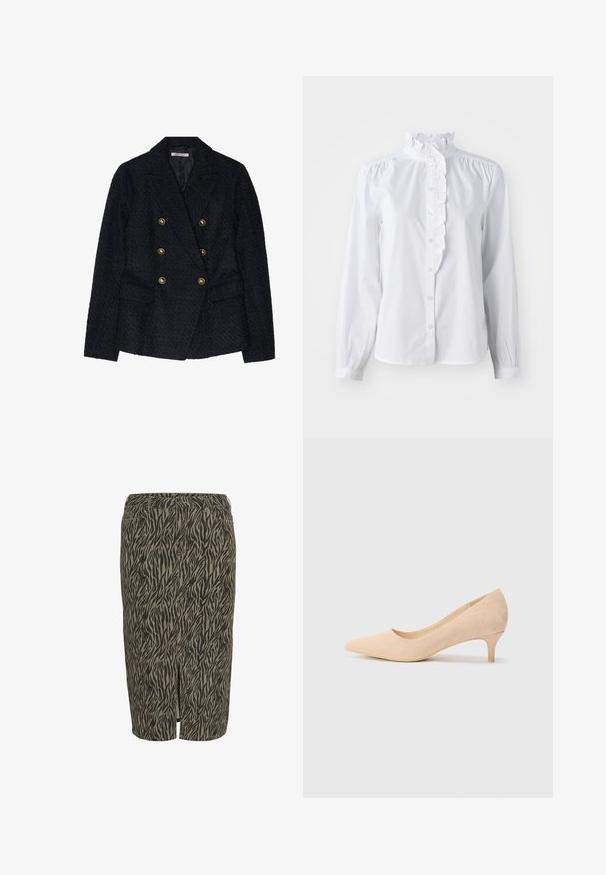 Czarny dwurzędowy żakiet z teksturowanej tkaniny, wyposażony w dwie przednie kieszenie i złote akcenty guzików.; Biała koszula z długimi rękawami, z falbaniastym kołnierzykiem wywijanym oraz pionowym akcentem w postaci falbanek z przodu. Wykonana z lekkiej bawełny.; Brązowa i beżowa spódnica ołówkowa z wzorem w tiger stripe, wykonana z teksturowanej tkaniny, z dekoltem z przodu.; Beżowe zamszowe szpilki z ostrym noskiem i smukłym, 5-centymetrowym obcasem. Gładka tekstura z minimalnym zdobieniem na górnej powierzchni.
