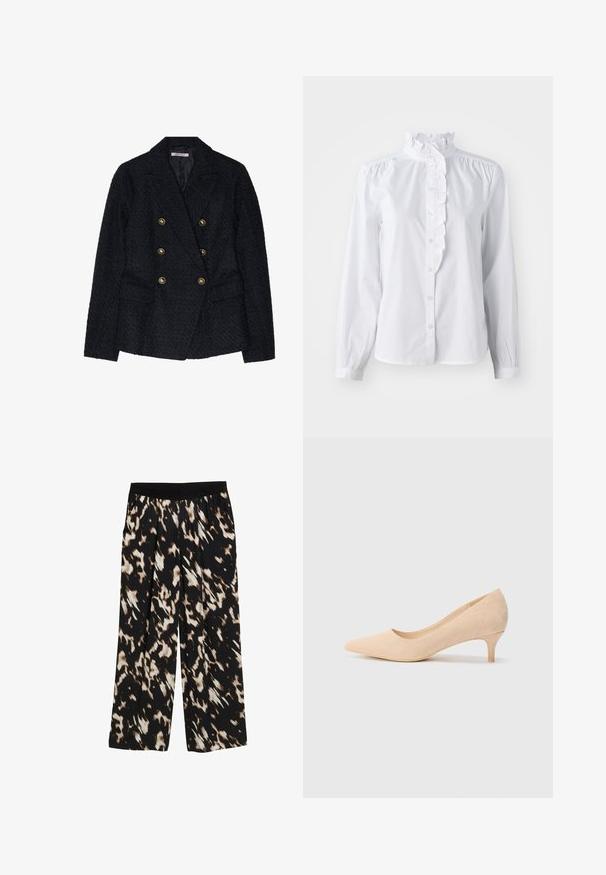 Schwarzer doppelt geknöpfter Blazer aus strukturiertem Stoff, mit zwei Fronttaschen und goldfarbenen Knopfakzenten.; Weißes Knopfhemd mit langen Ärmeln, gerafftem hohen Kragen und vertikalem Rüschendetail auf der Vorderseite. Leichtes Baumwollgewebe.; Weite Hosen aus schwarzem Stoff mit einem braun-und-cremefarbenen abstrakten Muster. Elastischer Taillenbund mit Falten, glatte Textur.; Beige Wildleder-Pumps mit hohen Absätzen, spitzer Zehenform und einem schlanken, 5 cm hohen Absatz. Glatte Textur mit minimaler Detailgestaltung auf der Oberfläche.