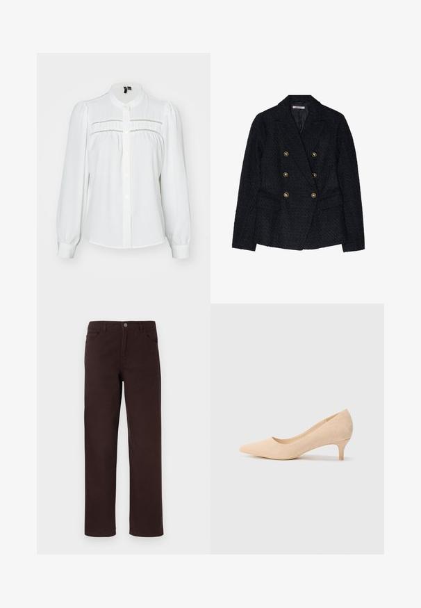 Zwarte dubbelzijdige blazer van een gestructureerde stof, met twee voorkruiken en gouden knoopdetails.; Witte blouse met lange pofmouwen, ronde kraag, knoopsluiting aan de voorkant en decoratieve stiksels over de borst. Zacht, gestructureerd materiaal.; Bruine katoenen broek met een recht gesneden ontwerp, twee voorkawarkan en een knoopsluiting bij de taille. Gladde textuur zonder zichtbare patronen.; Beige suède high-heel pump met een spitse neus en een slanke hak van 5 cm. Glad textuur met minimale details op de bovenkant.