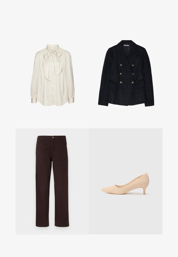 Juodas dvigubas švarkas su tekstūra, su dviem priekinėmis kišenėmis ir auksinėmis sagų detalėmis.; Kreminės spalvos šilkinė bliuska su dideliu kaspinu prie apykaklės, mygtukų užsegimu ir ilgomis pūstomis rankovėmis. Su lygiu paviršiumi ir laisvu siluetu.; Rudi medvilniniai kelniai su tiesiomis kojomis, dviem priekinėmis kišenėmis ir mygtukų užsegimu juosmenyje. Lygus paviršius be matomų raštų.; Smėlio spalvos zomšiniai aukštakulniai bateliai su siauru, 5 cm kulnu ir smailiu pirštu. Lygi tekstūra su minimaliu apdailos elementu viršutiniame paviršiuje.