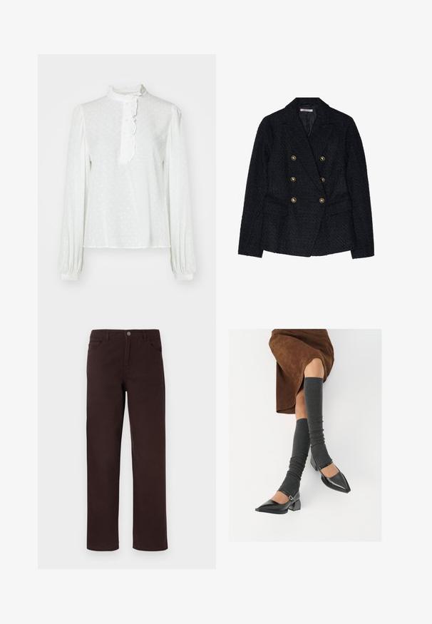 Črn dvojnici blazer z teksturirano tkanino, ki ima dva sprednja žepa in zlate gumbe kot okras.; Bela bluza z dolgimi rokavi in visokim ovratnikom, z nabranim ovratnikom, sprednjim zapiranjem na gumb in subtilnim pikastim vzorcem na strukturirani tkanini.; Rjave bombažne hlače s ravnim krojem, dvema sprednjima žepoma in gumbom za zapiranje na pasu. Gladka tekstura brez vidnih vzorcev.; Črne lakirane čevlje s pointy prsti in blok peto ter z naramnicami za gleženj, ki jih kombiniramo s sivimi rebrastimi nogavicami in rjavim suknjičem iz usnja.