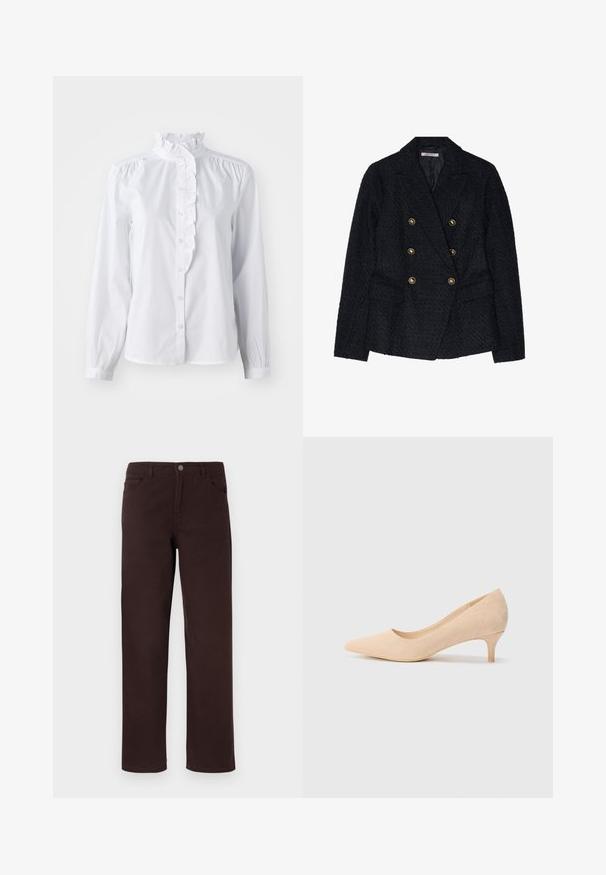 Czarny dwurzędowy żakiet z teksturowanej tkaniny, wyposażony w dwie przednie kieszenie i złote akcenty guzików.; Biała koszula z długimi rękawami, z falbaniastym kołnierzykiem wywijanym oraz pionowym akcentem w postaci falbanek z przodu. Wykonana z lekkiej bawełny.; Brązowe bawełniane spodnie o prostym kroju nogawek, z dwoma przednimi kieszeniami i zapięciem na guzik w pasie. Gładka faktura bez widocznych wzorów.; Beżowe zamszowe szpilki z ostrym noskiem i smukłym, 5-centymetrowym obcasem. Gładka tekstura z minimalnym zdobieniem na górnej powierzchni.