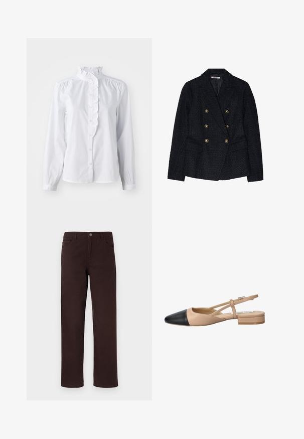 Černý dvouřadý blazer s texturovanou tkaninou, s dvěma předními kapsami a zlatými knoflíkovými akcenty.; Bílá košile s dlouhými rukávy, s nařaseným vysokým límcem a vertikálním nařaseným detailem vpředu. Lehce bavlněná tkanina.; Hnědé bavlněné kalhoty s rovnými nohavicemi, dvěma předními kapsami a knoflíkovým zapínáním v pase. Hladká textura bez viditelných vzorů.; Beige a černé dvoubarevné slingback boty s špičatou špičkou, plochým podpatkem a křížovými popruhy. Hladká kožená textura.