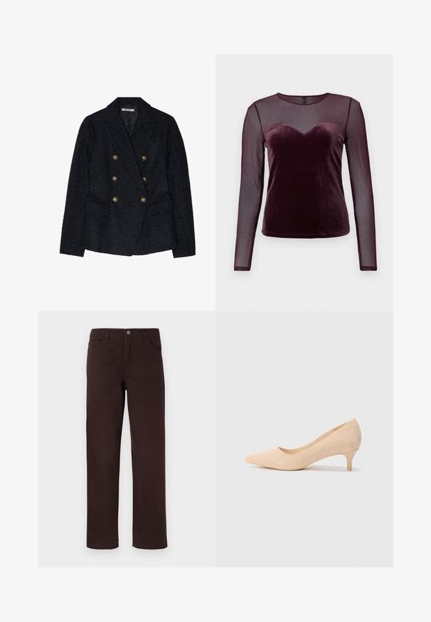 Svart dobbeltspent blazer med teksturert stoff, som har to frontlommer og detaljer med gullfargede knapper.; Burgunderfarget langermet topp med en fløyelskjole med hjerteutskjæring og gjennomsiktige mesh-ermer, glatt tekstur og tettsittende design.; Brune bomullsbukser med rett ben-design, to frontlommer og knappelukking i midjen. Glatt tekstur uten synlige mønstre.; Beige semsket høyhælte pumps med spiss tå og en slank 2-tommers hæl. Glatt tekstur med minimal detaljering på overflaten.