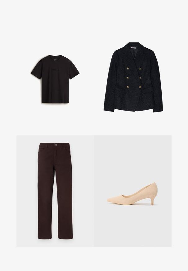 Czarny dwurzędowy żakiet z teksturowanej tkaniny, wyposażony w dwie przednie kieszenie i złote akcenty guzików.; Czarny t-shirt krótki rękaw wykonany z bawełny z wypukłym logo "vans." na przodzie i standardowym fasonem okrągłego dekoltu.; Brązowe bawełniane spodnie o prostym kroju nogawek, z dwoma przednimi kieszeniami i zapięciem na guzik w pasie. Gładka faktura bez widocznych wzorów.; Beżowe zamszowe szpilki z ostrym noskiem i smukłym, 5-centymetrowym obcasem. Gładka tekstura z minimalnym zdobieniem na górnej powierzchni.