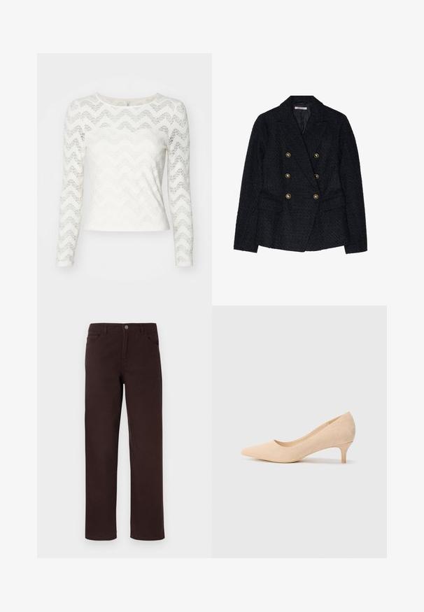 Zwarte dubbelzijdige blazer van een gestructureerde stof, met twee voorkruiken en gouden knoopdetails.; Witte lange mouwtop met een zigzag kantpatroon, ronde halslijn en een aansluitende pasvorm. Gladde textuur met een lichte glans.; Bruine katoenen broek met een recht gesneden ontwerp, twee voorkawarkan en een knoopsluiting bij de taille. Gladde textuur zonder zichtbare patronen.; Beige suède high-heel pump met een spitse neus en een slanke hak van 5 cm. Glad textuur met minimale details op de bovenkant.