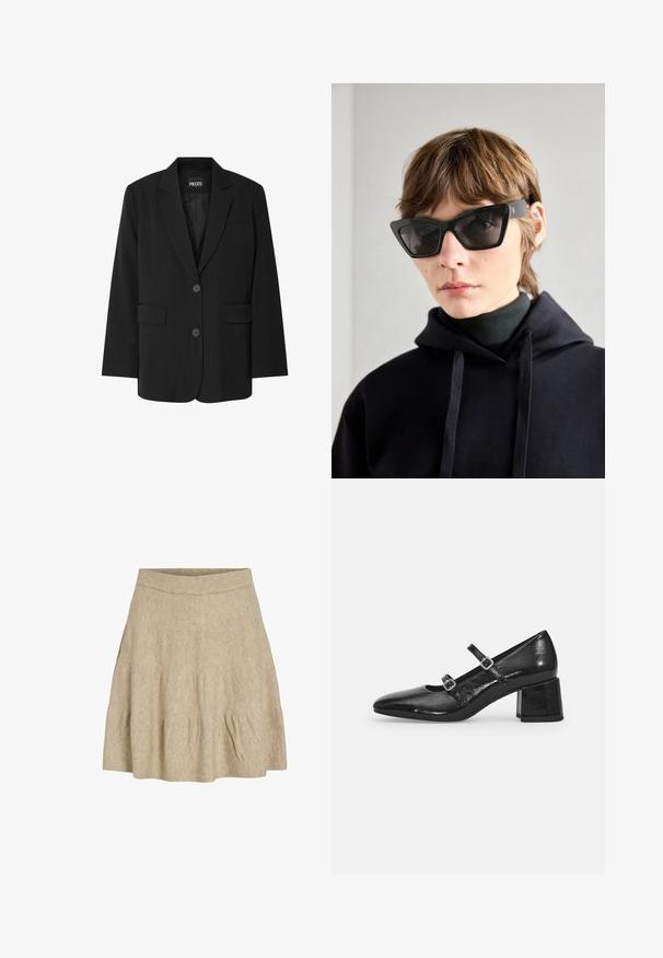 Črni blazer blagovne znamke PIECES, z ovratnikom s špicami, dvema sprednjima žepoma in zapiranjem na dva gumb, izdelan iz gladkega materiala.; Bela cardigan iz volne z mešanico, s krožnim ovratnikom, sprednjim zapiranjem na gumbe, dolgimi rokavi in ribanim robom. Mehka tekstura in minimalni oblikovalski detajli.; Bela majica s dolgimi rokavi, izdelana iz mehke in gladke tkanine. Ima okroglo izreza in ozko prileganje z minimalnimi šivi.; Kratka bež krilo, izdelano iz mehke, teksturirane tkanine z rebrastim pasom in rahlim nabiranjem pri robu.; Črne lakaste Mary Jane čevlje s koničastim nosom, dvema prilagodljivima trakoma in robustnim blokom pete. Gladka tekstura in sijajen zaključek.; Črne sončne očala v mačjem stilu z temnimi lečami, ki imajo drzno kotno obliko. Narejena iz gladkega plastike z sijajnim zaključkom in logotipskimi detajli.; Črna usnjena torbica z teksturirano površino, strukturirano obliko, dvema ročajema in odstranljivim ramenskim trakom. Opremljena je z zlatimi dodatki.