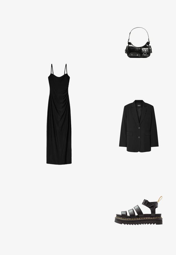 Black blazer by PIECES, featuring a notched collar, two front pockets, and two button closure, made from smooth fabric.; Black midi dress with thin adjustable straps, featuring a draped design and smooth texture. No visible patterns or embellishments.; Black leather sandal with three wide straps, adjustable buckle, chunky treaded sole, and yellow stitching accent along the edge.; Black patent leather handbag with a curved shape, one shoulder strap, front pockets, and silver-tone hardware accents.