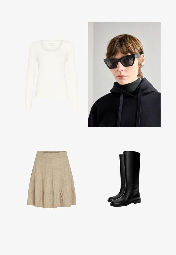 Czarna marynarka od PIECES, z klapami, dwiema przednimi kieszeniami i zapięciem na dwa guziki, wykonana z gładkiego materiału.; Biała bluzka z długim rękawem, wykonana z prążkowanego materiału, z falbaniastym dekoltem i dopasowanym krojem. Metka brzmi "KAFFE". Gładka tekstura.; Krótka, beżowa spódnica z miękkiego, teksturowanego materiału z żebrowanym paskiem w talii i delikatnymi fałdami przy końcu.; Czarne skórzane kozaki do kolan o gładkiej fakturze, zaokrąglonym nosie, płaskiej podeszwie i minimalistycznym designie, z przeszytymi szwem i bez widocznych elementów metalowych.; Czarne okulary przeciwsłoneczne w kocim kształcie z ciemnymi soczewkami, charakteryzujące się odważnym, kanciastym designem. Wykonane z gładkiego plastiku o błyszczącym wykończeniu z akcentami logo.; Czarna skórzana torebka o teksturowanym wykończeniu, w strukturalnym kształcie, z podwójnymi uchwytami i odpinanym paskiem na ramię. Akcenty w złotym kolorze.