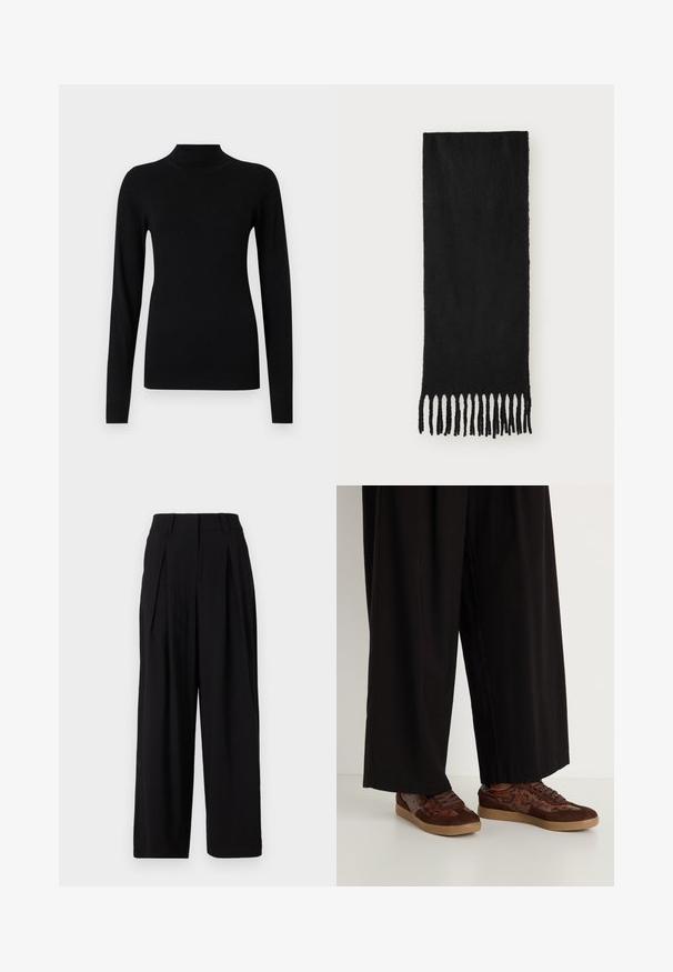 Brun dobbeltradet blazer med sorte knapper, slå-om-revers, lange ærmer og tre forreste lommer, lagt fladt på en hvid baggrund.; Sort turtleneck sweater lavet af glat, letvægtigt stof. Har lange ærmer og tætsiddende manchetter, med ribbet tekstur ved kanten.; Sorte vide benbukser lavet af glat stof, med en høj talje, folder foran og en flydende silhuet.; Brune sneakers med en blandet materialedesign med ruskind og slangeprintdetaljer, rund tå, snørelukning og teksturerede gummisåler.; Sort tørklæde lavet af blødt stof med en glat tekstur, med knyttede frynser i enderne og i rektangulær form.; Sæt med tolv hoop øreringe i sølv- og guldfarver. Inkluderer snoede, glatte og teksturerede designs i forskellige størrelser og overflader.