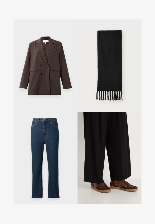 Rudas dvigubas švarkas su juodomis mygtukais, notch tipo atlapais, ilgomis rankovėmis ir trimis priekinių kišenėlių, padėtas ant baltos fono.; Rudas be rankovių palaidinės, pagamintos iš minkštos medžiagos, su surinktomis pečių detalėmis ir šoniniu raukiniu, be siūlių kaklu ir prigludusia siluetu.; Tamsiai mėlynos džinsinės kelnės su tiesiu kirpimu, su mygtuku uždarymui, penkiomis kišenėmis ir kontrastinga siūle. Lygus paviršius.; Rudi sportbačiai su mišrių medžiagų dizainu, odos ir gyvatės rašto akcentais, apvalia nosimi, su raišteliais ir tekstūruotais guminiais padais.; Juodas šalikas, pagamintas iš minkštos medžiagos su lygiu tekstūru, su mazginėmis pakraštėmis ir stačiakampio formos.; Dvylikos sidabrinių ir auksinių auskarų su kilpomis rinkinys. Apima sukurtas, lygias ir tekstūruotas formas, turinčias įvairius dydžius ir apdailas.