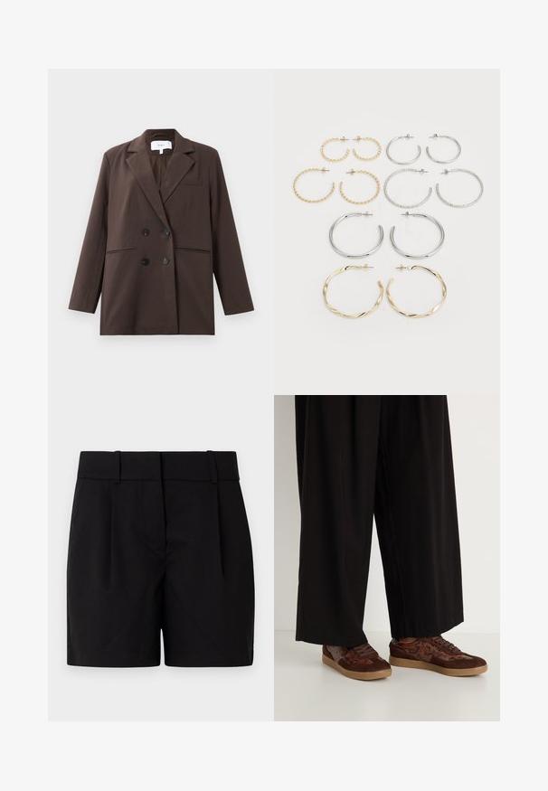 Blazer marrón de doble botonadura con botones negros, solapas de muesca, mangas largas y tres bolsillos frontales, colocado plano sobre un fondo blanco.; Top marrón sin mangas hecho de un tejido suave, presenta hombros fruncidos y detalles fruncidos en los laterales, cuello sin costuras y una silueta ajustada.; Pantalones cortos negros a medida con frente plano, dos pinzas, cinturilla con trabillas y dobladillo recto. Hechos de una tela suave.; Zapatillas marrones con un diseño de materiales mixtos que incluye ante y acentos de estampado de serpiente, puntera redonda, cierre con cordones y suelas de goma texturizadas.; Conjunto de doce pendientes de aro en tonos plateados y dorados. Incluye diseños retorcidos, lisos y texturizados en varios tamaños y acabados.