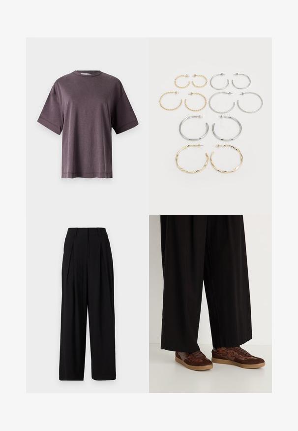 Brązowa marynarka dwurzędowa z czarnymi guzikami, klapami w kształcie notcha, długimi rękawami i trzema przednimi kieszeniami, ułożona na białym tle.; Fioletowa koszulka z okrągłym dekoltem, krótki rękaw, wykonana z miękkiego materiału o luźnym kroju. Charakteryzuje się prostym wzornictwem i starannym przeszyciem wzdłuż dołu.; Czarne szerokie spodnie z gładkiego materiału, z wysokim stanem, plisami z przodu i luźną sylwetką.; Brązowe sneakersy z mieszanym materiałem, zawierającym zamszowe i wężowe akcenty, okrągły nos, sznurowane zapięcie oraz teksturowane gumowe podeszwy.; Zestaw dwunastu kolczyków w kształcie kółek w odcieniach srebra i złota. Zawiera wzory skręcone, gładkie i fakturowane w różnych rozmiarach i wykończeniach.