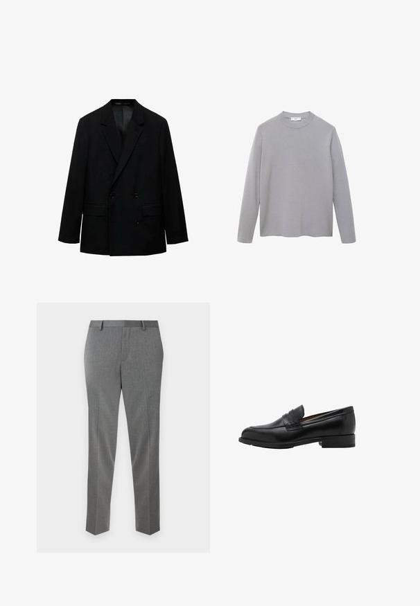 Black double-breasted blazer made from smooth fabric. Features notched lapels, two front pockets, and button closure. Tailored fit.; Gray long-sleeve top made of soft, smooth fabric. Features a round neck, minimal design, and a straight hem without additional embellishments.; Gray tailored trousers with a fine herringbone texture, straight cut, and belt loops. Features pressed creases for a polished look.; Black leather loafers with a stitched front and flat heel. Smooth texture with a rounded toe and a decorative strap across the instep.