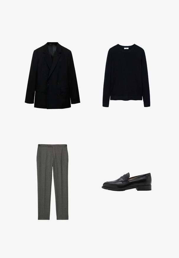 Schwarze, doppelt-knöpfbare Blazerjacke aus glattem Stoff. Mit Reverskragen, zwei vorderen Taschen und Knopfverschluss. Taillierter Schnitt.; Schwarzer, gerippter Pullover mit langen Ärmeln und rundem Halsausschnitt sowie feiner Textur. Geschlossene Bündchen und Saum verstärken das strukturierte Design.; Graue, maßgeschneiderte Hosen aus einem strukturierten Stoff. Sie haben eine flache Vorderseite, zwei Seitentaschen und dezente Nähte.; Schwarze Leder-Löcher mit genähtem Vorderteil und flachem Absatz. Glatte Textur mit runder Zehenform und einem dekorativen Riemen über dem Spann.