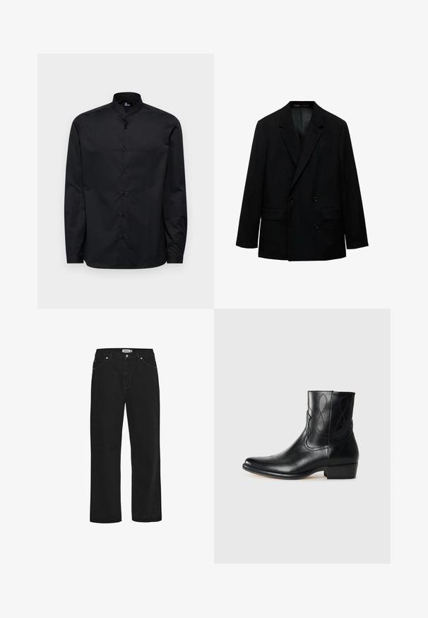 Czarna marynarka dwurzędowa wykonana z gładkiego materiału. Posiada klapy w kształcie notched, dwie przednie kieszenie oraz zapięcie na guziki. Dopasowany krój.; Czarna koszula z długim rękawem, z mandaryńskim kołnierzykiem, z zapięciem na guziki z przodu oraz gładką bawełnianą fakturą. Brak widocznych wzorów lub dodatkowych akcentów.; Czarne dżinsy o prostym kroju, pięciokomorowym fasonie, miedzianych detalach i solidnym pasie. Gładka tekstura, minimalistyczny styl.; Czarny skórzany but na kostkę z wąskim czubkiem, ozdobnym przeszyciem i niskim słupkowym obcasem. Gładka tekstura z subtelnymi akcentami wzorniczymi.