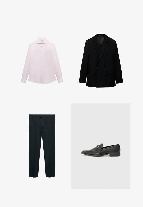 Zwart dubbelgebreid blazer gemaakt van gladde stof. Beschikt over gesneden revers, twee voorzakken en knoopsluiting. Perfecte pasvorm.; Roze langemouwen shirt met een klassieke kraag, zeven witte knopen aan de voorkant en een gebogen zoom. Glad, lichtgewicht stof.; Zwarte broek van gladde stof, met een rechte snit, twee voorzakken en een op maat gemaakte tailleband met riemlussen.; Zwarte leren instapper met een gladde afwerking, voorzien van een gestikt ontwerp en een decoratieve metalen kettingaccent over de wreef. Platte hak.