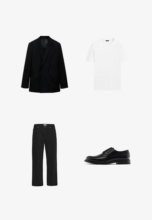 Schwarze, doppelt-knöpfbare Blazerjacke aus glattem Stoff. Mit Reverskragen, zwei vorderen Taschen und Knopfverschluss. Taillierter Schnitt.; Weißes Baumwoll-T-Shirt mit rundem Hals, kurzen Ärmeln und geradem Schnitt. Es hat eine glatte, leichte Textur und keine sichtbaren Muster.; Schwarze Jeans aus Denim mit geradem Schnitt, Fünf-Taschen-Design, Kupferhardware-Akzenten und einem robusten Bund. Glatte Textur, schlichte Stil.; Schwarzer Lederschuh mit glatter Textur, runder Zehe, fünf Ösen und einer flachen Gummisohle. Minimalistisches Design ohne sichtbare Verzierungen.