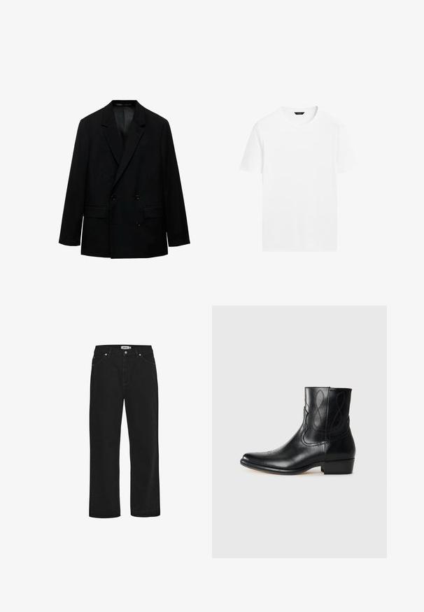 Svart dubbelknäppt kavaj i slätt tyg. Har slagkragar, två framfickor och knappstängning. Skräddarsydd passform.; Vit bomullströja med rund hals, korta ärmar och rak skärning. Har en mjuk, lätt textur och inga synliga mönster.; Svarta jeans i denim med rak passform, femficksdesign, koppardetaljer och en robust midja. Slät textur, odekorerad stil.; Svart läder ankelsko med spetsig tå, dekorativ sömnad och låg klack. Slät yta med subtila designelement.