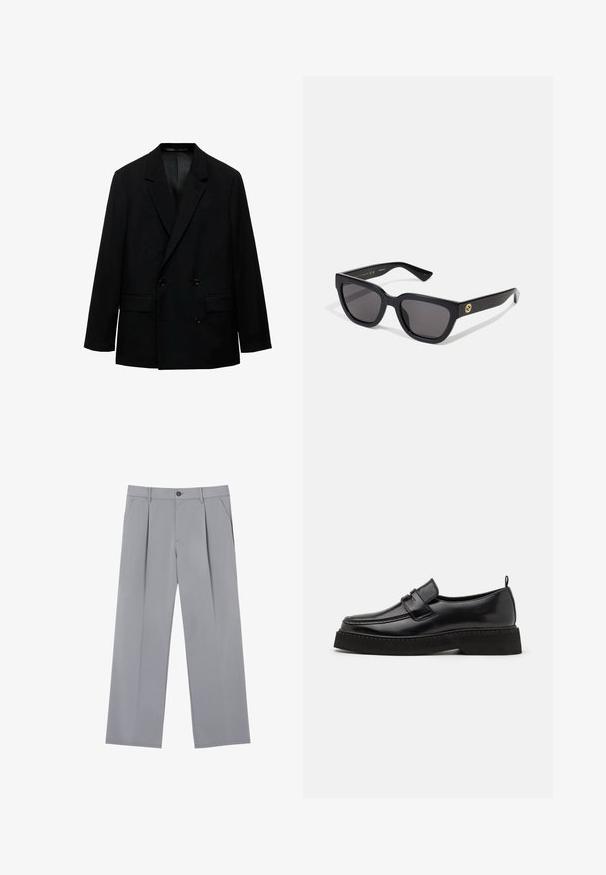 Černý dvouřadý blejzr vyrobený z hladké látky. Obsahuje klopové límce, dvě přední kapsy a zapínání na knoflíky. Přiléhavý střih.; Černá dlouhá halenka s rukávy typu henley vyrobená z měkké tkaniny, s knoflíkovou légou, kulatým výstřihem a obtáhlými rukávy.; Šedé skládací kalhoty s volným střihem, vyrobené z lehkého materiálu. Obsahují přední kapsy a knoflíkovou uzávěrku v pase.; Černé kožené mokasíny s plochou, texturovanou podrážkou, s prošitým špičkou a páskem přes nárt.; Černé obdélníkové sluneční brýle s lesklým povrchem, tmavými skly a zlatými kovovými detaily na spáncích představujícími logo.