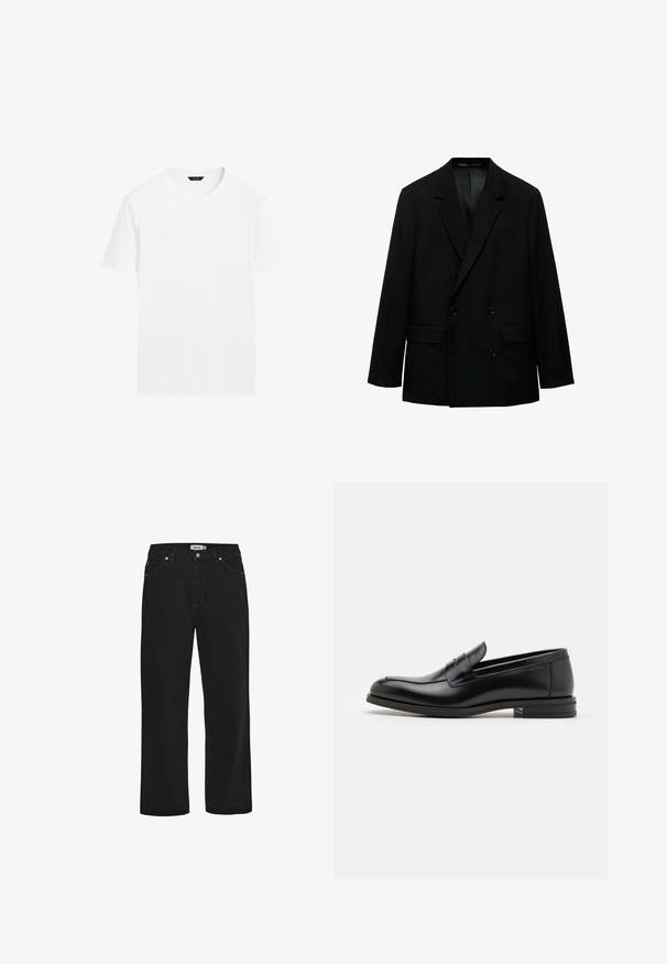 Sort dobbeltbrystet blazer lavet af glat stof. Har klippede reverser, to forlommer og knaplukning. Skræddersyet pasform.; Hvid bomulds t-shirt med rund hals, korte ærmer og lige skæring. Har en glat, let tekstur og ingen synlige mønstre.; Sorte denimjeans med lige pasform, fem-lommer design, kobber hardware detaljer og en robust talje. Glat tekstur, enkel stil.; Sorte læderloafers med en glat overflade, rund tå og en dekorativ strop over vampen. Lav hæl med stabeldesign, minimalistisk stil.