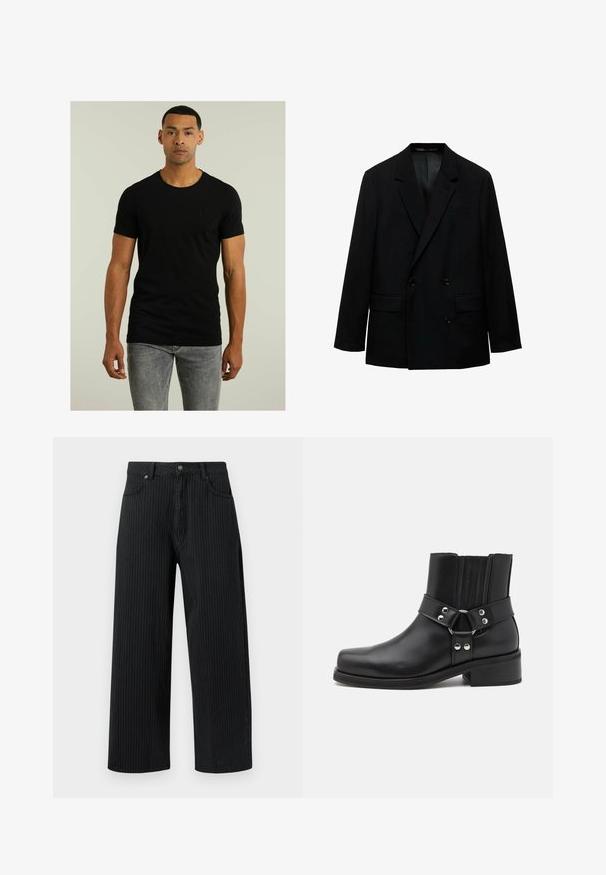 Černý dvouřadý blejzr vyrobený z hladké látky. Obsahuje klopové límce, dvě přední kapsy a zapínání na knoflíky. Přiléhavý střih.; Černé tričko s krátkým rukávem a kulatým výstřihem, s jemným texturovaným logem na hrudi; v kombinaci se světle šedými džíny. Jednoduchý design.; Černé široké kalhoty s proužky vyrobené z bavlny s strukturovaným povrchem. Mají přední kapsy a zapínání na knoflík v pase.; The Kooples CHAUSSURES - Kovbojské/motorkářské kotníkové boty - black