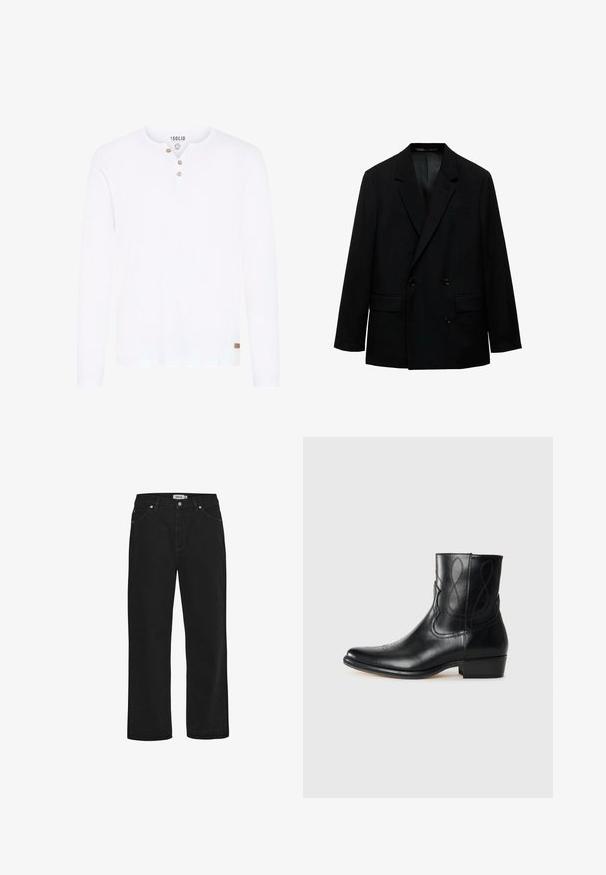 Zwart dubbelgebreid blazer gemaakt van gladde stof. Beschikt over gesneden revers, twee voorzakken en knoopsluiting. Perfecte pasvorm.; Witte longsleeve shirt van katoen met een geknoopte henley-hals en een klein bruin logo-label aan de zoom. Gladde textuur.; Zwarte denim jeans met een rechte pasvorm, vijf-pocket ontwerp, koperen hardware accenten en een stevige tailleband. Gladde textuur, onopgesmukt stijl.; Zwarte leren enkelboot met een spitse neus, decoratieve stiksels en een lage blokhak. Soepele textuur met subtiele designaccenten.