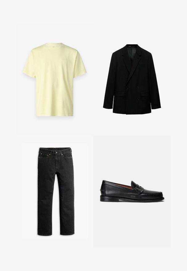 Črn dvoredni blazer, izdelan iz gladkega materiala. Opremljen z obrobnimi reverji, dvema sprednjima žepoma in gumbom za zapiranje. Prilagojen kroj.; Levi's® VINTAGE TEE - Navadna majica - yellow; Črne straight-leg džins hlače z petimi žepi, zankami za pas in gumbom za zapiranje na pasu, položene ravno na belem ozadju.; Črni usnjeni loaferji z gladkim zaključkom, zaobljenim koničkom in okrasnim trakom čez zgornji del. Imajo nizko črno podplato.