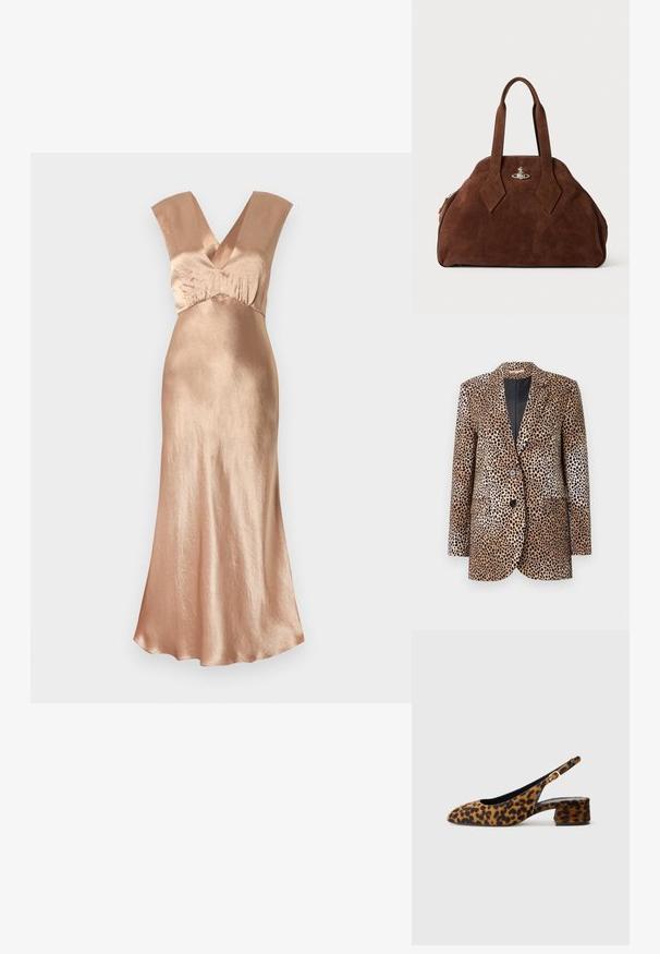 Beige és fekete leopárdmintás blézer, két gombbal, kerekített reverrel és oldalsó zsebekkel, sima, fényes anyagból készült.; Hosszú, rózsaarany színű ruha, fényes anyagból készült, mély V-kivágással, széles pántokkal és lágyan omló fazonnal. Sima textúra.; Női leopárdmintás, csak hátsó pánttal rendelkező cipő, alacsony tömbsarkúval és arany csattal az oldalpánton, oldalsó profilban látható, sima háttéren.; Barna velúr kézi táska, strukturált formával, kerek testtel és megnyújtott gyémánt alakú fogantyúkkal. Ezüst színű záródással rendelkezik.