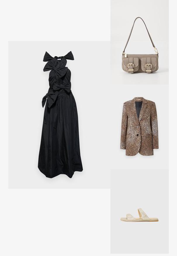 Blazer leopard in beige e nero, con due bottoni, reverse a punta e tasche laterali, realizzato in un tessuto morbido e lucido.; Viktor&Rolf DRAPE BOW GOWN - Abiti per occasioni speciali - black; Sandali glitter dorati con due fasce larghe superiori, una suola piatta e design minimalista. Texture liscia e dettagli in oro discreti.; Borsa a tracolla beige con texture, cinturino regolabile, due tasche frontali chiuse da fibbie e dettagli in metallo dorato. Chiusura a zip nella parte superiore.