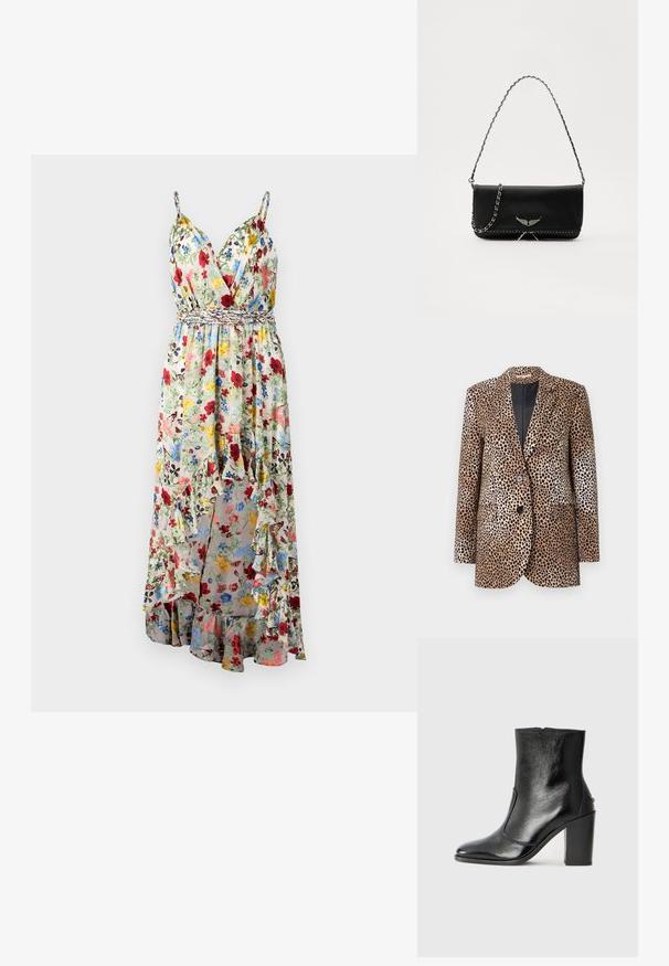 Beebi ja musta leopardimustriga bleiser, millel on kaks nuppu, lõigatud krae ja küljetaskud, valmistatud siledast ja läikivast kangast.; Alice + Olivia TARA CASCADING RUFFLE MIDI DRESS - Maksikleit - dollhouse; Must kõvale nahast pahklipsu saapad, millel on sile tekstuur, terav varvas ja paks kõrge kann. Omab külgavatust ja minimalistlikku disaini.; Mustvalge nahk käekott hõbedase ahelsanga ja dekoratiivsete tiivaaktsentidega, samuti valgete õmblustega alumises ühenduses.