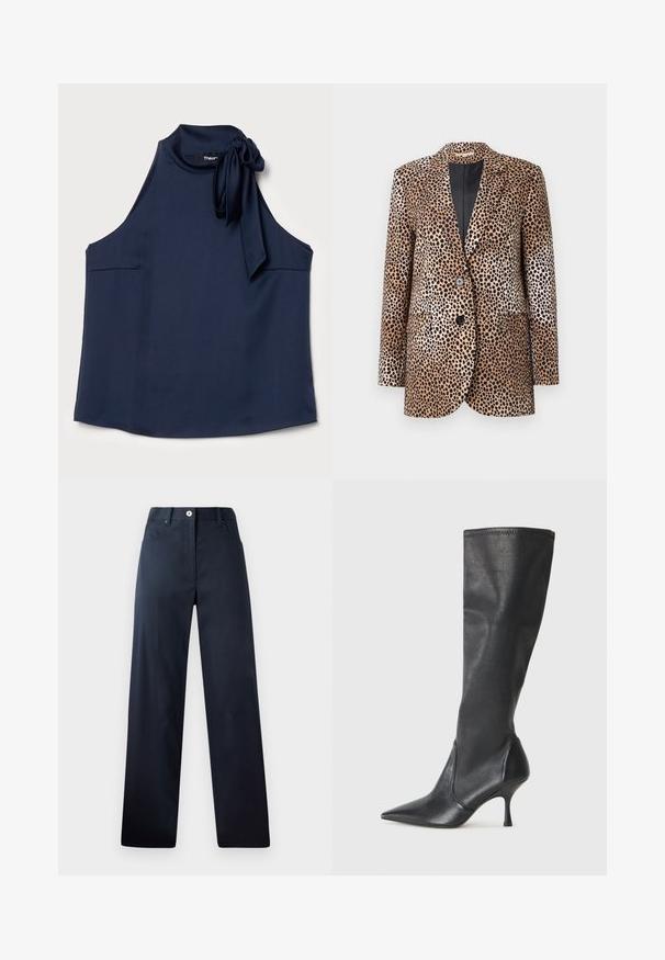 Blazer à motifs léopard en beige et noir, avec deux boutons, revers crantés et poches latérales, fabriqué dans un tissu lisse et brillant.; Theory SIDE TIE - Débardeur - nocturne navy; Pantalon bleu marine foncé avec une coupe droite, fabriqué en tissu lisse. Comprend des poches avant, une fermeture à bouton et des détails de couture subtils.; Bottes en cuir noir arrivant jusqu'aux genoux avec un bout pointu et un talon aiguille fin. Texture lisse avec un design ajusté et des coutures au bord supérieur.