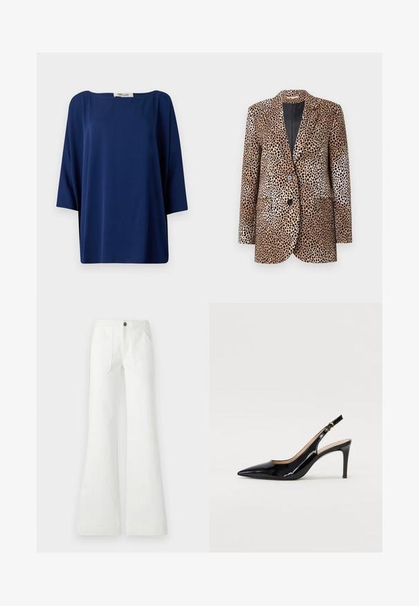 Blazer de estampado de animal em bege e preto, com dois botões, lapelas recortadas e bolsos laterais, feito de um tecido liso e brilhante.; Camisola larga azul marinho com um decote amplo e mangas curtas, apresentando uma textura suave e um design minimalista.; Calças brancas de cintura larga feitas de tecido tecido, com uma cintura trançada, dois bolsos frontais e uma textura suave. Fechadas com um botão preto.; Sandal com salto em verniz preto, bico fino, salto esguio e um design de recorte subtil. Apresenta uma fivela dourada na alça.