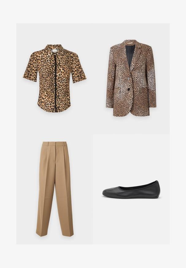 Leopard-print blazer in beige and black, featuring two buttons, notched lapels, and side pockets, made from a smooth, glossy fabric.; Button-up shirt with short sleeves, featuring a leopard print in shades of brown and black. Smooth texture with a classic collar and front placket.; White short-sleeve t-shirt made of ribbed fabric. Round neckline, regular fit, and subtle stitching details. No patterns or graphics.; Beige tailored trousers with a high waist, pleated front, and wide-leg cut. The fabric appears smooth with a slight sheen.; Black leather ballet flat with a rounded toe, smooth texture, minimal stitching detail, and a flexible sole design.
