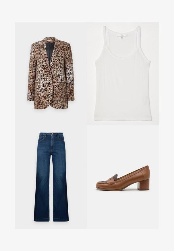 Beige ja musta leopardimustriga bleiser, millel on kaks nööpaukku, lõikega krae ja küljetaskud, valmistatud siledast, läikivast kangast.; Valkoinen ilman hihoja oleva toppi, joka on valmistettu pehmeästä, urituksesta; siinä on ohuet olkaimet ja pyöreä kaula-aukko, jossa on ; Tummansinisiä leveälahkeisia farkkuja, joissa on korkea vyötärö, etutaskut ja kontrastiväriset oranssit ompeleet.; MICHAEL Michael Kors FRANCES - Avokkaat - luggage