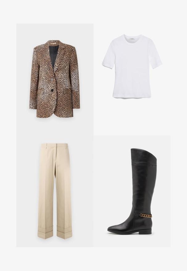 Blazer cu imprimeu de leopard în bej și negru, având două butoane, rever cu margini tăiate și buzunare laterale, realizat dintr-un material neted și lucios.; Tricou alb cu mânecă scurtă, confectionat dintr-un material texturat. Gât rotund, tăietură regulară și detalii subtile de cusătură. Fără modele sau grafice.; Pantaloni bej cu o croială dreaptă, având un manșon dublu la tiv și un design cu față plată. Fabricat dintr-un material neted și durabil.; Cizme negre din piele înalte, cu un design elegant, vârf ascuțit și un accent de lanț auriu la gleznă. Toc mic în formă de bloc. Textură netedă.