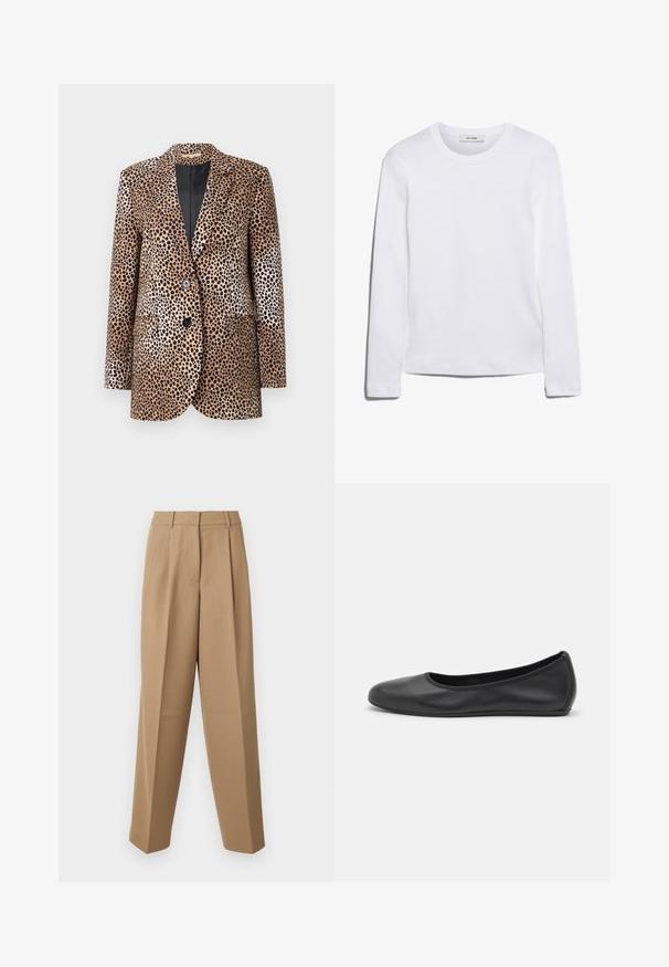 Blazer à motifs léopard en beige et noir, avec deux boutons, revers crantés et poches latérales, fabriqué dans un tissu lisse et brillant.; T-shirt blanc à manches longues en coton côtelé, avec un col rond et un ourlet droit. Design simple sans motifs ni accents.; Pantalons beige ajustés avec une taille haute, une devant plissé et une coupe évasée. Le tissu semble lisse avec un léger éclat.; Ballerines en cuir noir avec un bout rond, texture lisse, détails de couture minimalistes et design de semelle flexible.