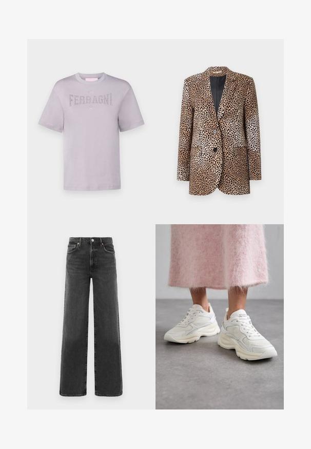 Beige- und schwarze Bluse mit Leopardenmuster, ausgestattet mit zwei Knöpfen, Reverskragen und Seitentaschen. Sie besteht aus einem glatten, glänzenden Stoff.; Hellblaues Baumwoll-T-Shirt mit kurzen Ärmeln, verziert mit Strasssteinen und dem Schriftzug "FERRAGNI" auf der Brust sowie einem Rundhalsausschnitt.; Schwarze, hochtaillierte, gerade geschnittene Jeans aus Denim mit vorderem Knopf und Reißverschluss, zwei vorderen Taschen und zwei hinteren Taschen.; Weiße Sneakers aus Mesh- und Leder-Material, mit runder Zehenkappe und gepolsterter Sohle. Verfügt über Schnürsenkel und Markenname auf der Zunge.