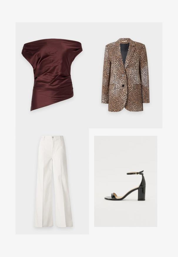 Leopard-print blazer in beige and black, featuring two buttons, notched lapels, and side pockets, made from a smooth, glossy fabric.; STAUD PHARE - Top - merlot; White wide-leg trousers made from cotton with a smooth texture. Features a front button, zipper fly, and four-pocket design.; Black patent leather sandal with a wide heel, open toe, and ankle strap featuring a gold buckle. Smooth texture and sleek design.