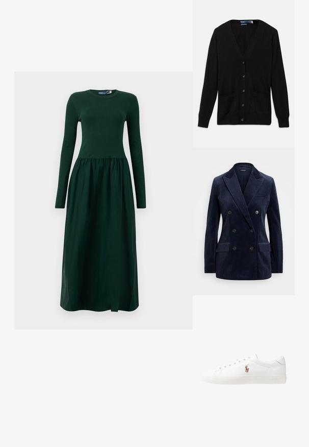 Mornaricasti korduroj dvoredni sako s izrezanim reverima, dva prednja džepa, četiri dugmeta i elegantnim, strukturnim dizajnom.; Crni kardigan s V-izrezom, dugim rukavima, dugmadi sprijeda i dva prednja džepa. Mekana tekstura i klasični kroj.; Duga haljina dugih rukava tamnozelene boje s prilagođenim gornjim dijelom i lepršavom, naboranom suknjom. Izrađena od mekog materijala s okruglim izrezom i dužinom do gležnjeva.; Bijele kožne tenisice, niskog kroja, s glatkom teksturom, okruglim vrhom, vezanjem sprijeda i malim izvezenim logom sa strane.; Crna kožna torba u obliku polumjeseca. Ima zlatne akcentne detalje i usku traku. Glatka tekstura, zatvaranje na rajsferšlus na vrhu.